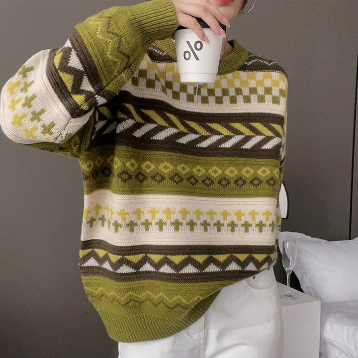 Kvindernes chunky strik sweater med geometrisk mønster og løs pasform Stilla