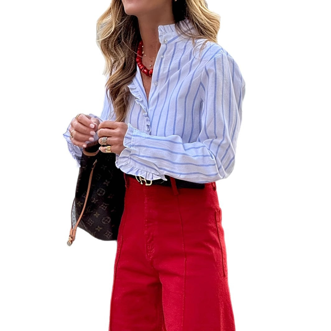 Dame Klassisk Stribet Button-Up Skjorte med Ruffles ærmer Stilla