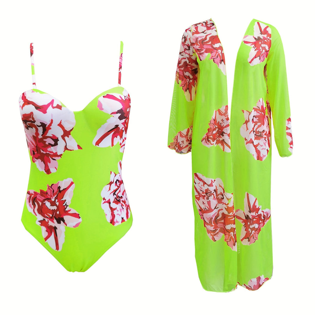 Dame badedragt med matchende strandkimono i floralt design Stilla
