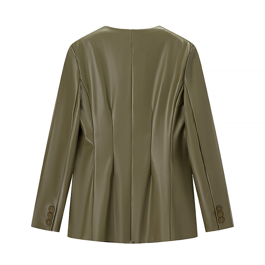 Damer Elegant Faux Læder Blazer Jakke med Modern Cut og Lommer Stilla