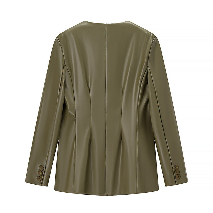 Damer Elegant Faux Læder Blazer Jakke med Modern Cut og Lommer Stilla