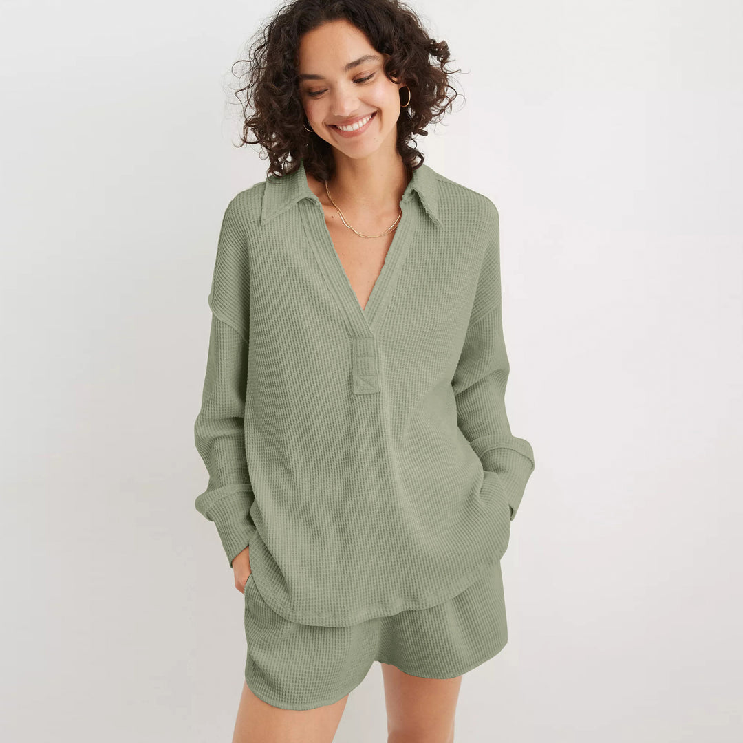 Dame Vaffelstruktur Loungewear Sæt med afslappet pasform og justerbar linning Stilla