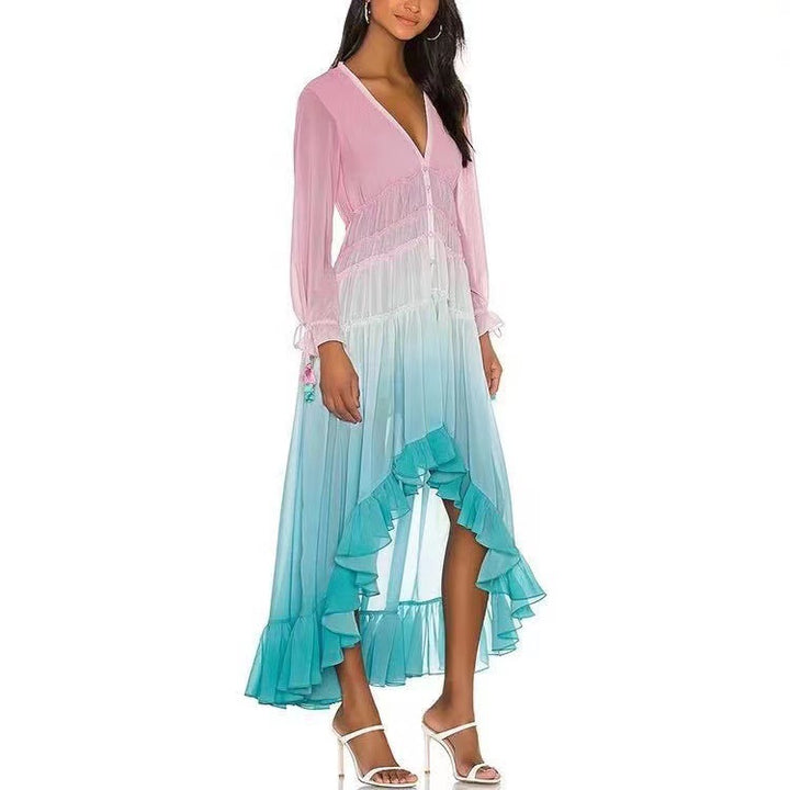 Kvinders maxi kjole med ruffle detaljer og elastisk top