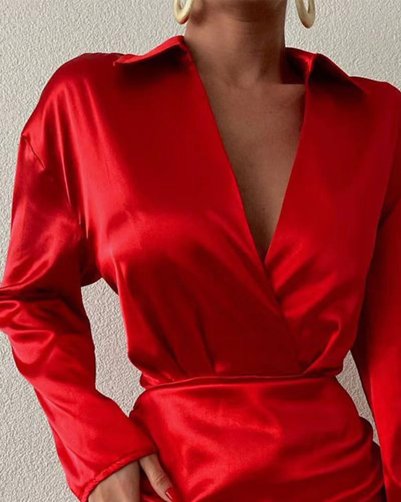 Kvinder Elegant Wrap Kjole med Lange Ærmer og Justerbar Kant