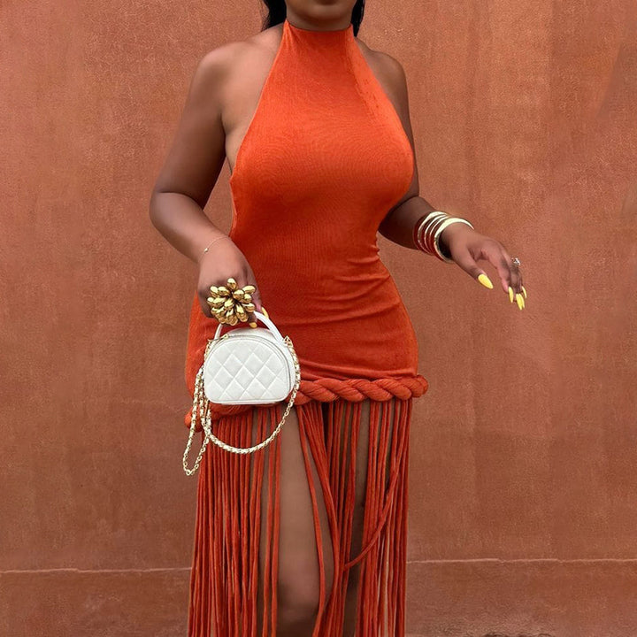 Damen Freizeitkleid mit Bambus-Borten und schimmerndem Stoff Skovae