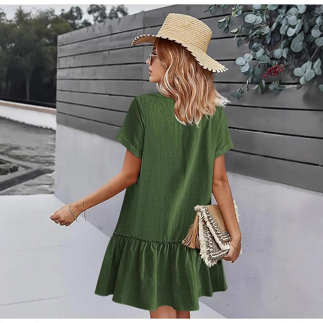 Dame skjortekjole med knaplukning og legende flæser Stilla