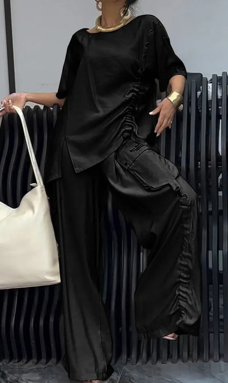 Damer nan lækkert to-delt sæt med flæset oversized bluse og cargo palazzo bukser Skovae