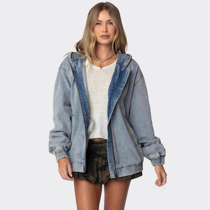 Dame Oversized Denimjakke med hætte og elastiske manchetter Skovae