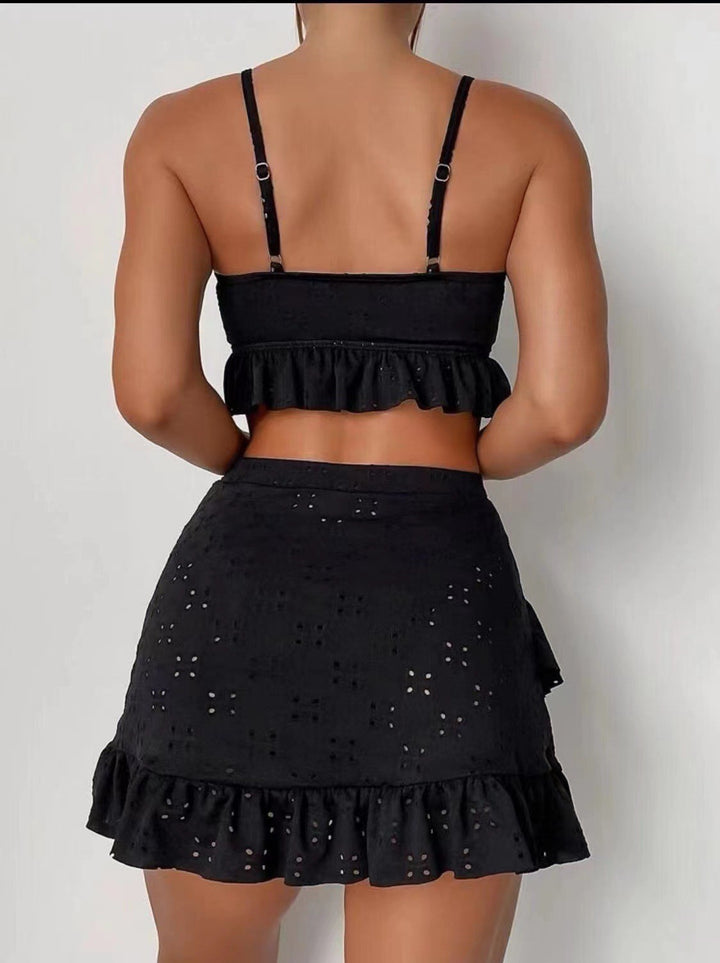Dame Eyelet Crop Top og Rüsche Nederdel Sæt Stilla