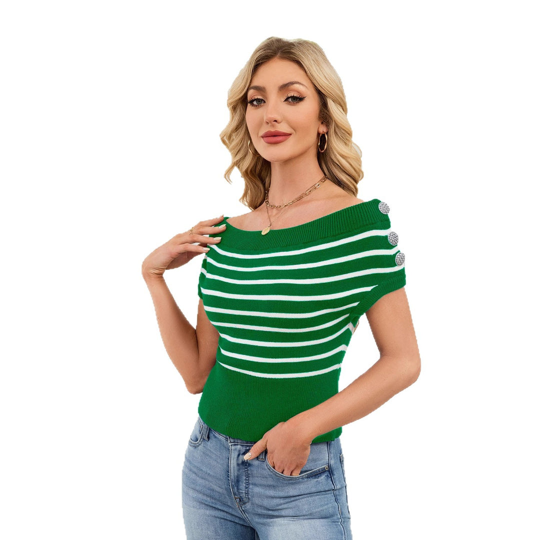 Damer mode stribepullover med dekorative knapper Skovae
