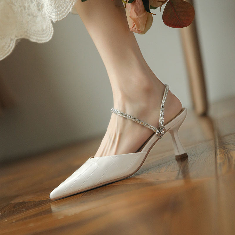 Femme Spids Tå Slingback Høje Hæle med Rhinestones Detalje Stilla