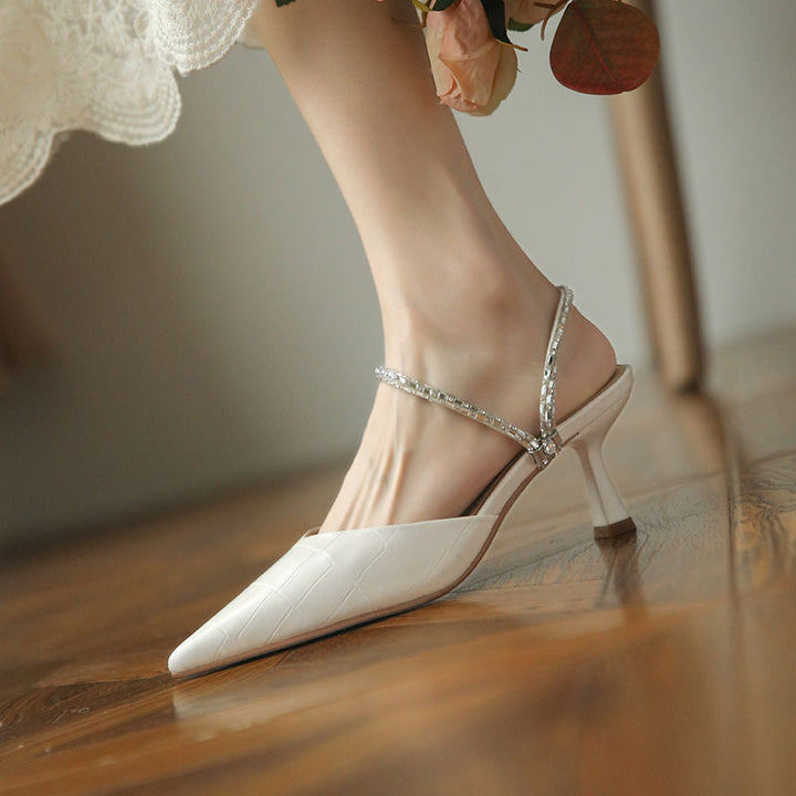 Femme Spids Tå Slingback Høje Hæle med Rhinestones Detalje Stilla