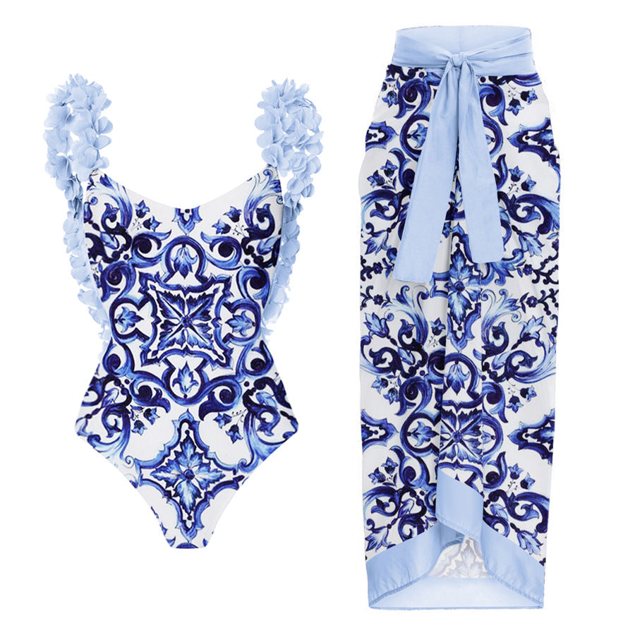 Dame elegant badedragt med ruffle detaljer og matchende maxikjole Skovae