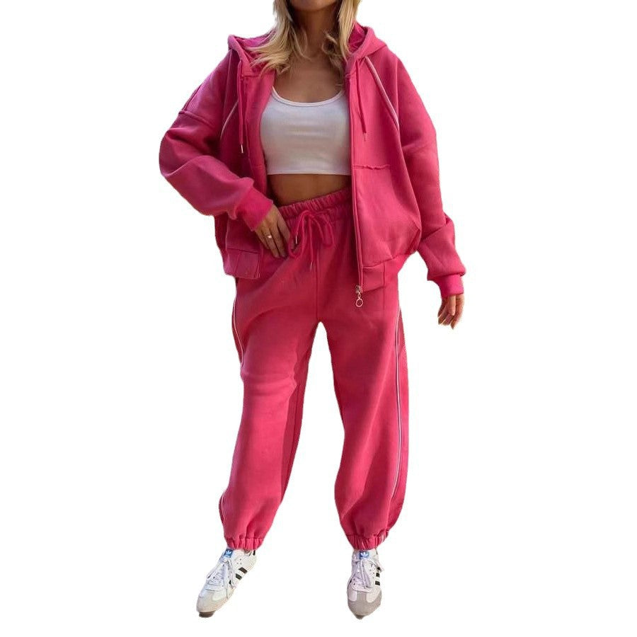 Kvinders sporty loungewear sæt med hætte sweatshirts og elegante striber