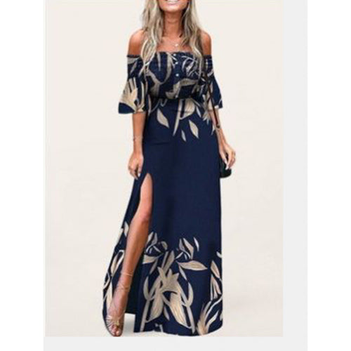 Dame maxikjole med skulderfri design og elegante blomstertryksdetaljer Skovae