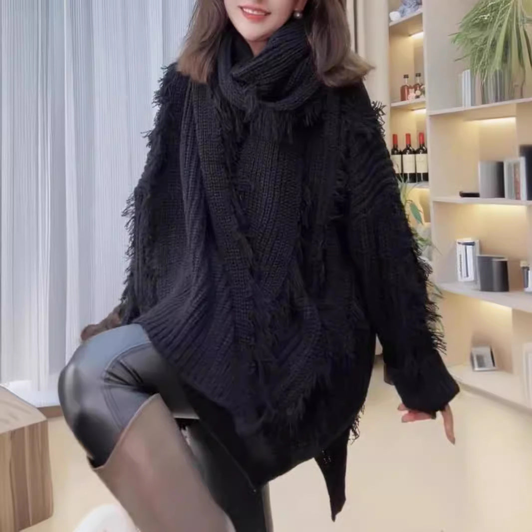 Kvindernes oversized strikket sweater med frynser og V-hals Stilla