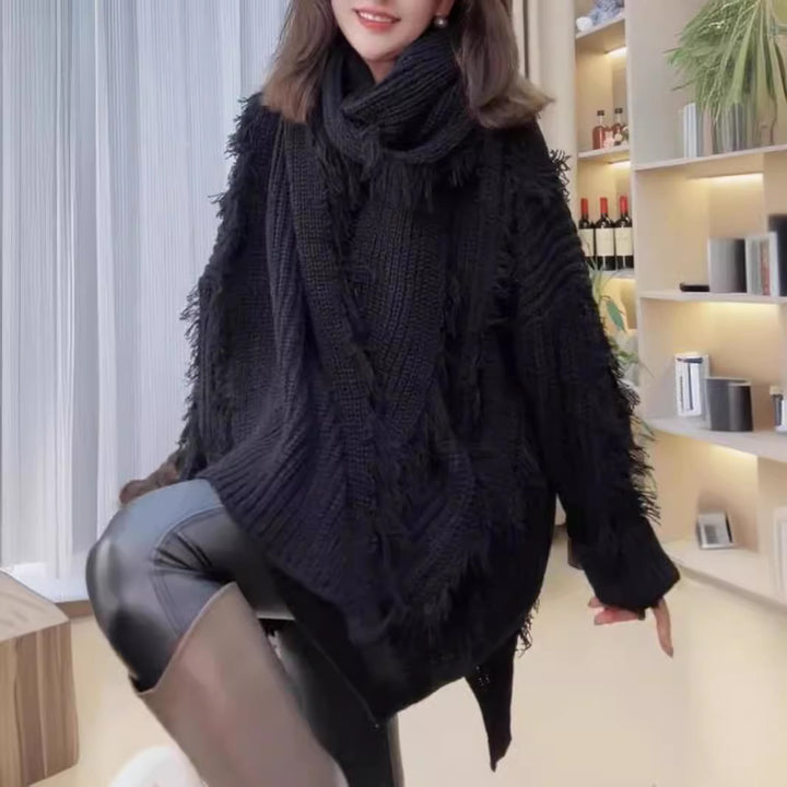 Kvindernes oversized strikket sweater med frynser og V-hals Stilla