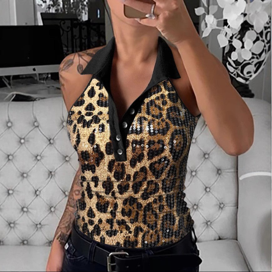 Dame Pailletter Leopardprint Polo Top Stilla