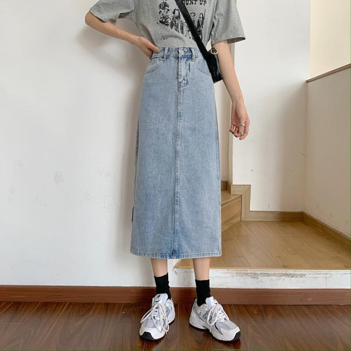 Damer Lang Denim Nederdel med Chic Slids Stilla