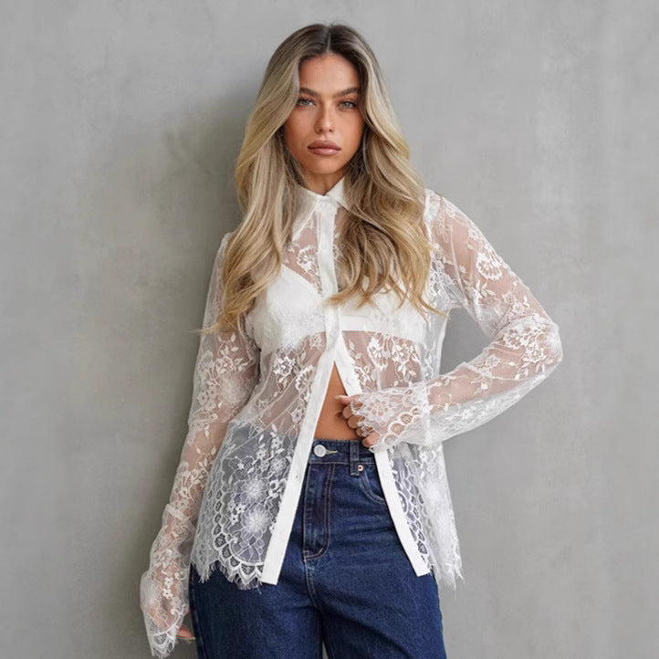 Dame spids bluse med gennemsigtigt design Stilla