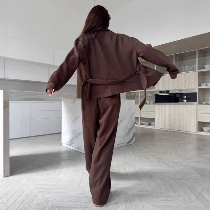 Kvinder Elegant Loungewear Sæt med Casual Jakke og Brede Bukser Skovae