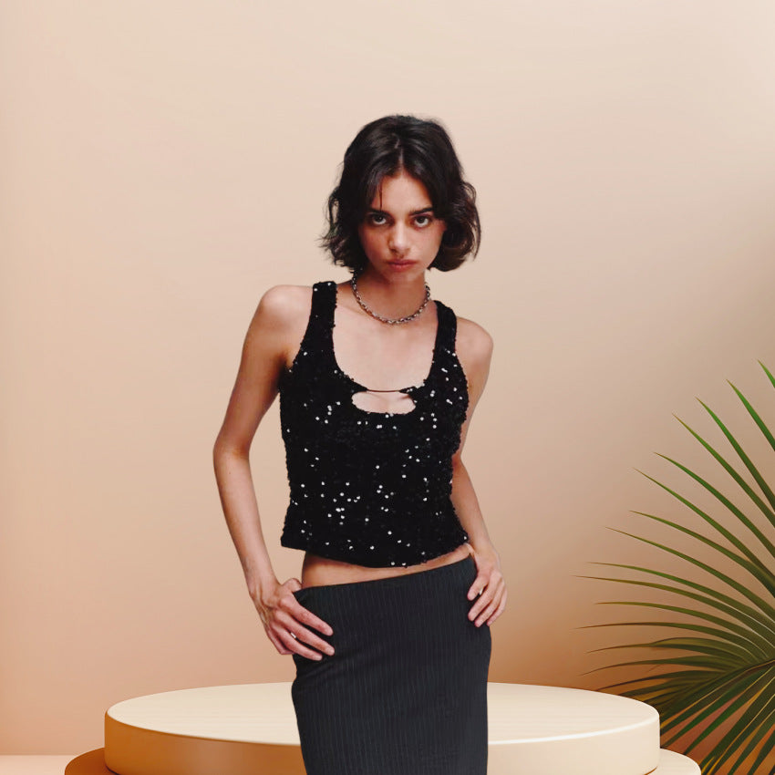Kvinder Glitrende Crop Top med Glitrende Effekt og Scoop-Cut U-hals