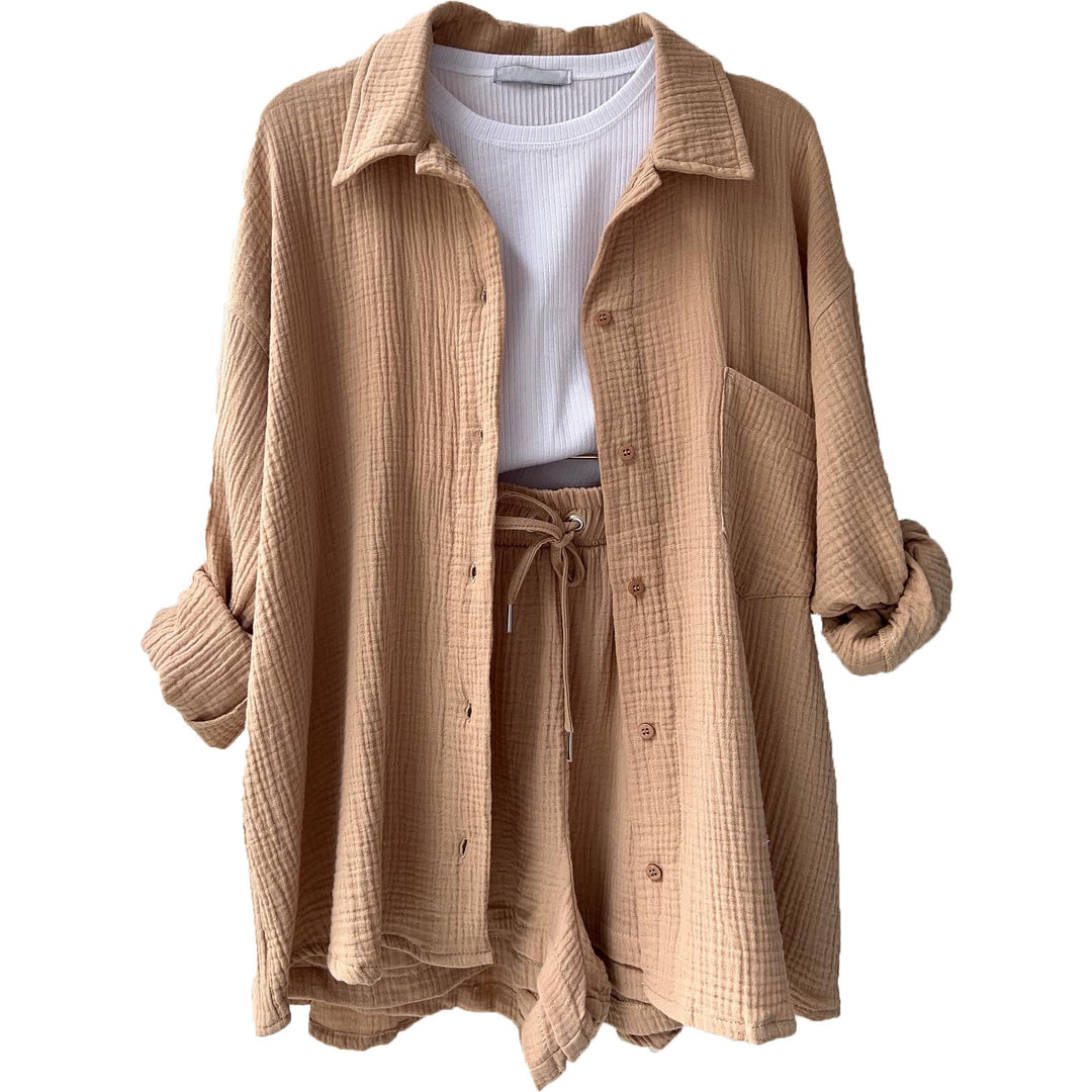 Damer Sommer Lounge-sæt lavet af let bomuldsstof med oversized bluse og shorts Stilla