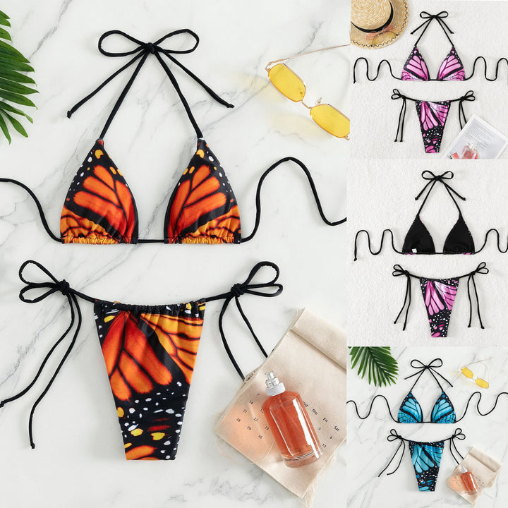 Dame triangel-bikini med sommerfugle-design og justerbare bånd Skovae