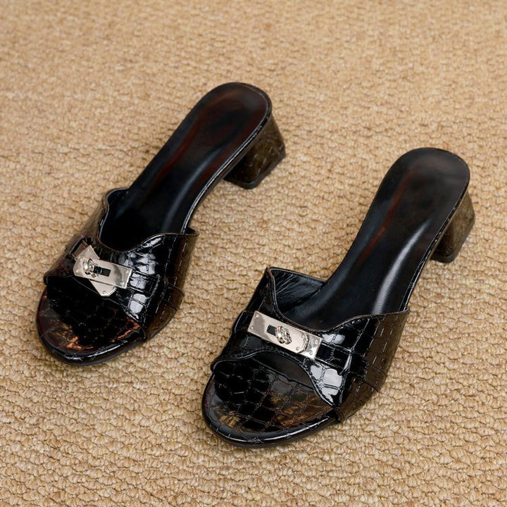 Dame elegante mules med dekorativt smykke og komfortabel klods hæl Stilla