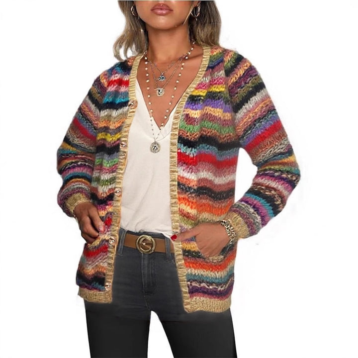 Kvinders trendy cardigan med farverigt zigzag mønster og frynsede kanter Stilla