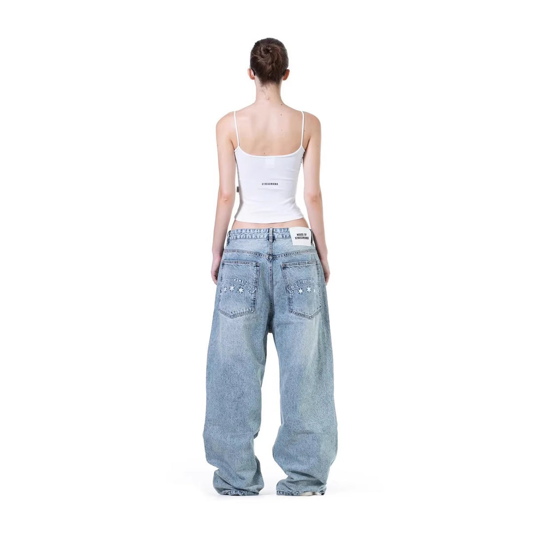 Dame løse denim-jeans med stilfuldt broderidesign Skovae