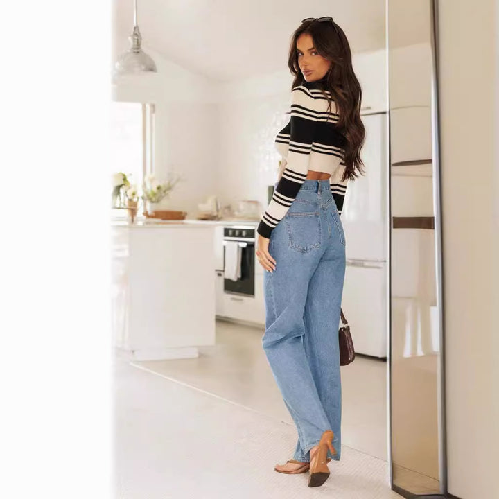 Dame Wide Cut Jeans med Høj Talje og Frynset Kant Stilla