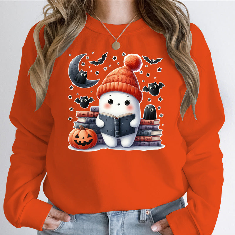 Kvinders sweatshirt med sødt Halloween-motiv og bogdesign Stilla