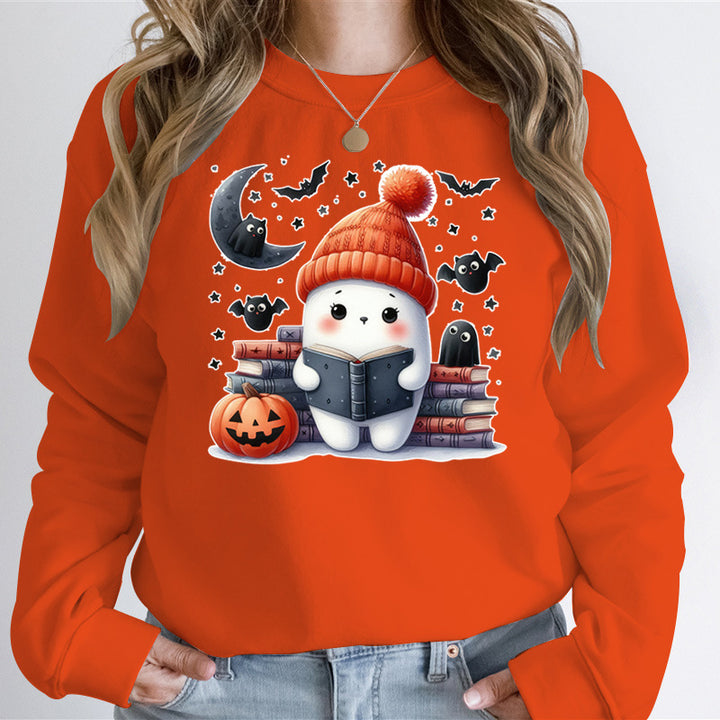 Kvinders sweatshirt med sødt Halloween-motiv og bogdesign Stilla