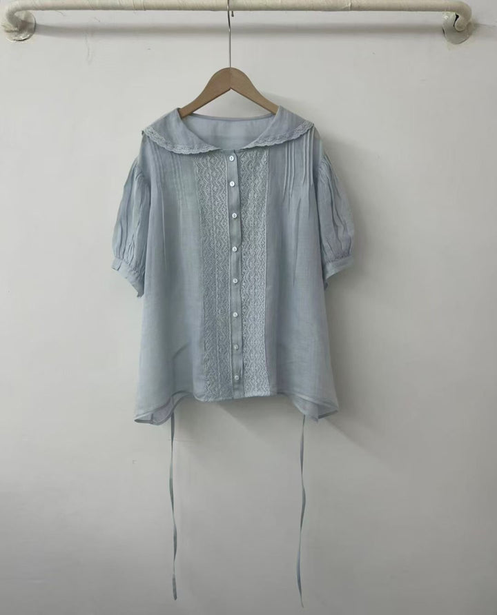 Dame Button-Up Bluse med spidsekrave og justerbart bånd Stilla