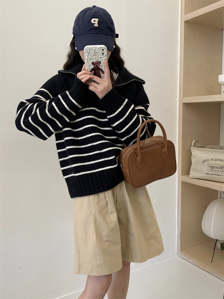 Kvinders afslappet sweater med stribet design og halvlås Stilla