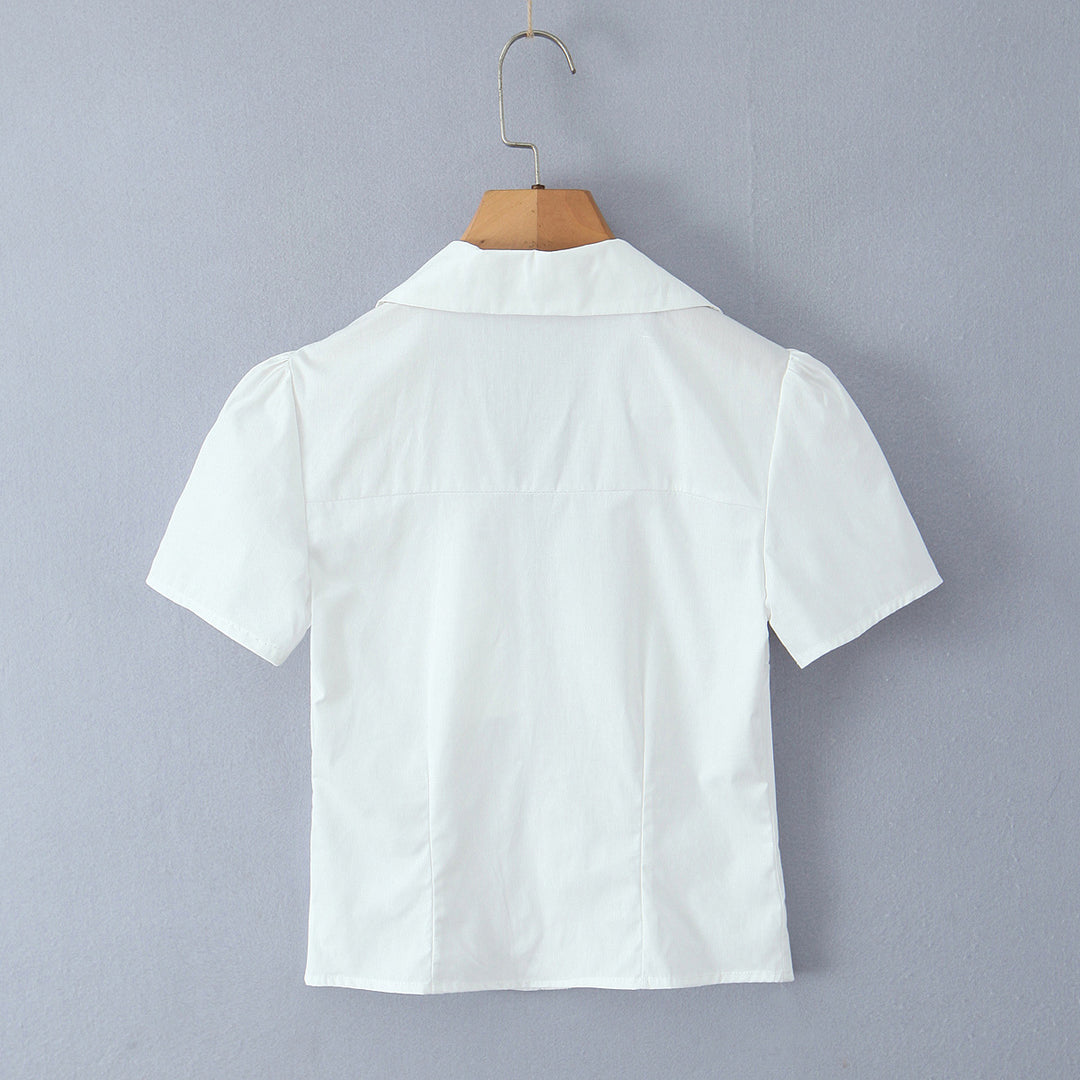 Dame taillet bluse t-shirt med elegante folder og V-udskæring Stilla