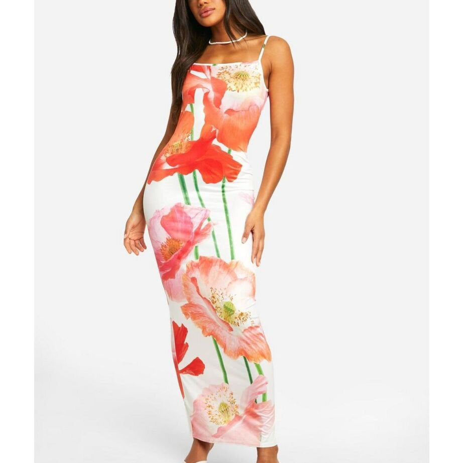 Dame elegant maxikjole med blomsterprint og spaghetti-stropper Stilla