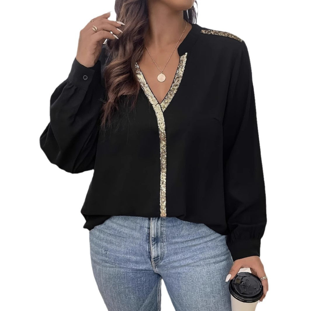 Femme Elegante V-Udskæring Bluse med Pailletbesætning Stilla