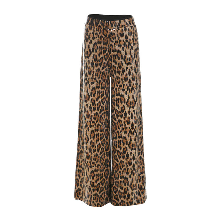 Dame Bred Leopard-Print Bukser med elastisk linning og funkende detaljer Stilla