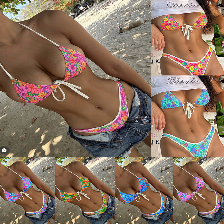 Dame trianglet bikini med livligt blomsterdesign og raffinerede bånd Skovae