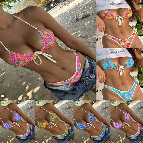 Dame trianglet bikini med livligt blomsterdesign og raffinerede bånd Skovae