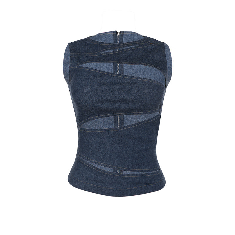 Dame tætsiddende denim-top med asymmetrisk cut-outs og stilfuldt design Skovae