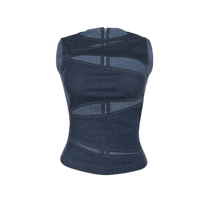 Dame tætsiddende denim-top med asymmetrisk cut-outs og stilfuldt design Skovae