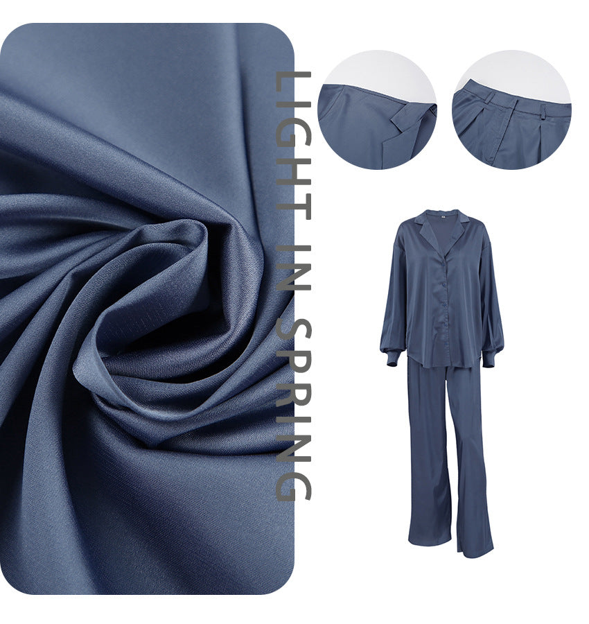 Dame Satin Ensemble med oversized bluse og brede bukser Stilla