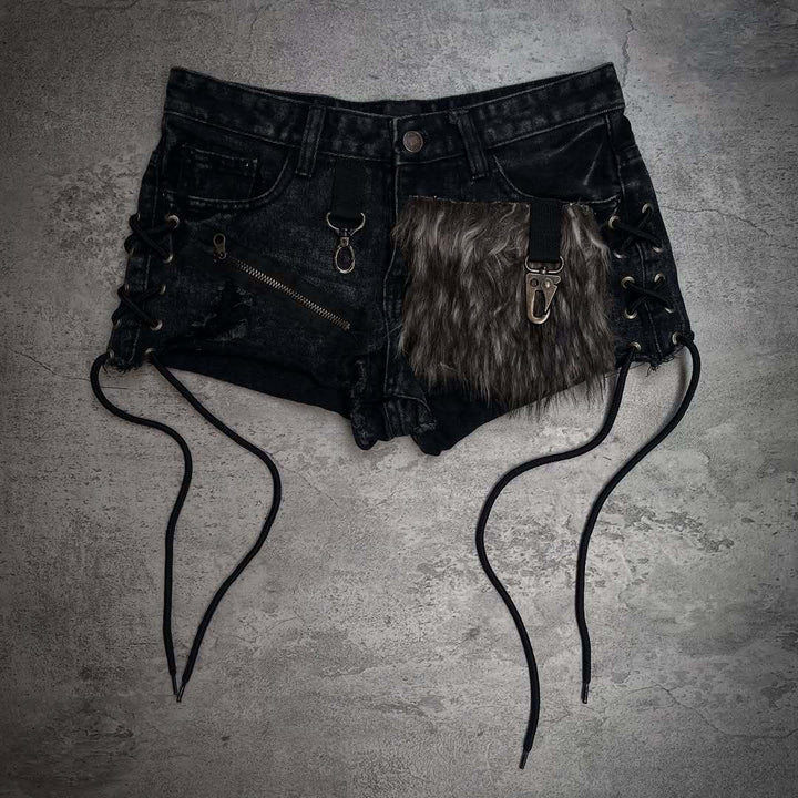 Damer Mode Denim-shorts med unikke snøredetaljer og kunstpelsapplikation Skovae