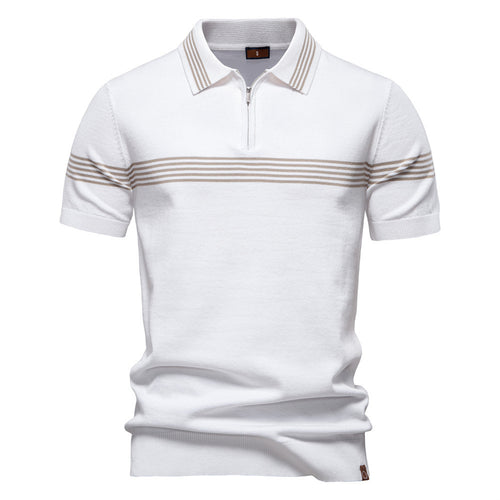 Herrer nan edelt finstrik-polo-shirt med kort metal lynlås, ribbede ærmer og kontrasterede stribebånd Skovae
