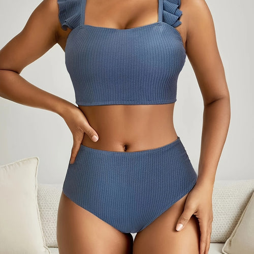 Dame højt skåret badetop med ruffle detaljer og matchende bikini underdel Skovae