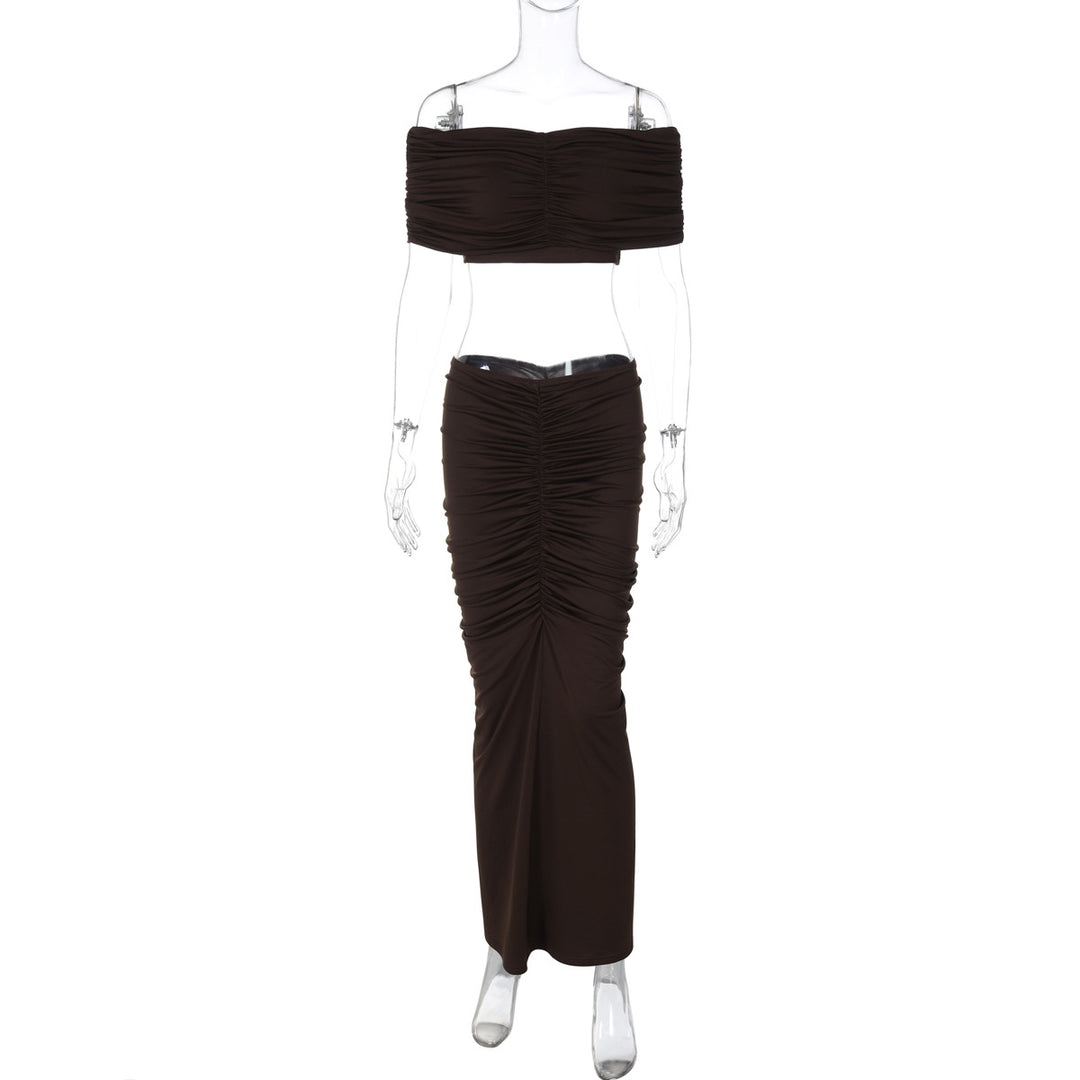 Dame Elegante Crop-Top og Maxi-Nederdel Ensemble med Rynkeeffekter Stilla