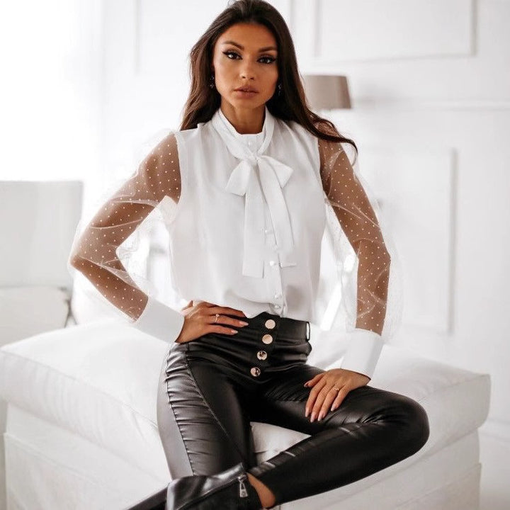 Dame Elegant Bluse med transparente ærmer og bue-detalje Stilla